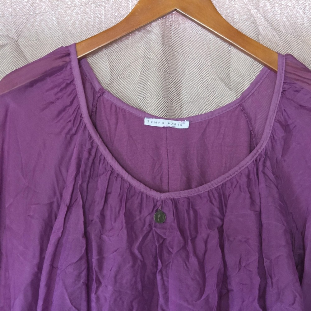Tempo Paris Blouse Womens Large Purple Scoop Neck 3/4 Sleeve Silk Ruffle Tunic